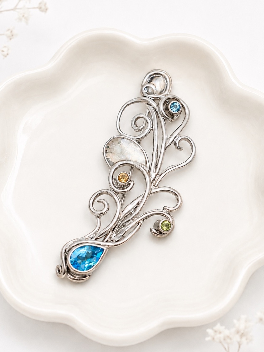 Vintage Designer 925 Sterling Silver & Precious Gemstone Embellished Brooch
